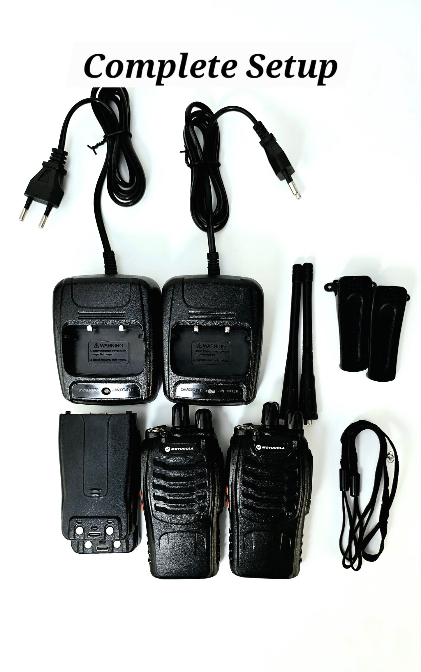 Pair of MT-918 walkie talkies with belt clips and wrist straps on a wooden surface