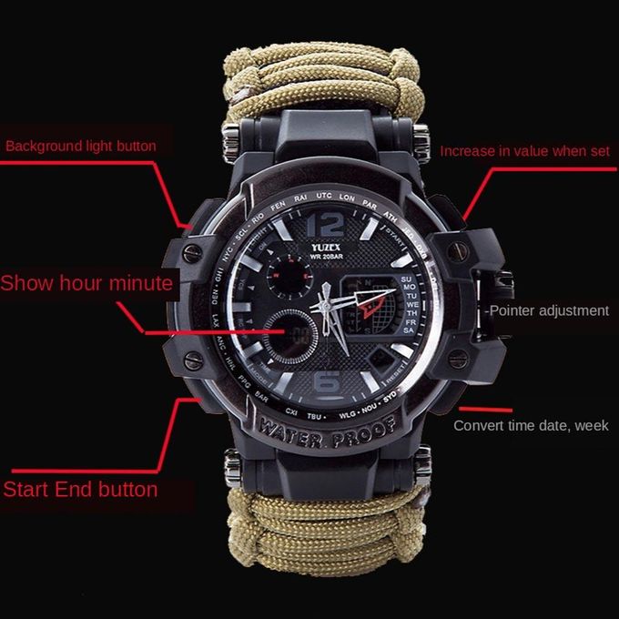 tactical gear watch 23-in-1 Survival Military Digital Watch, Mens Tactical Multi-Functional and Adjustable Wristband Outdoors Waterproof Sports Dual Dial Watches with Compass Paracord Band