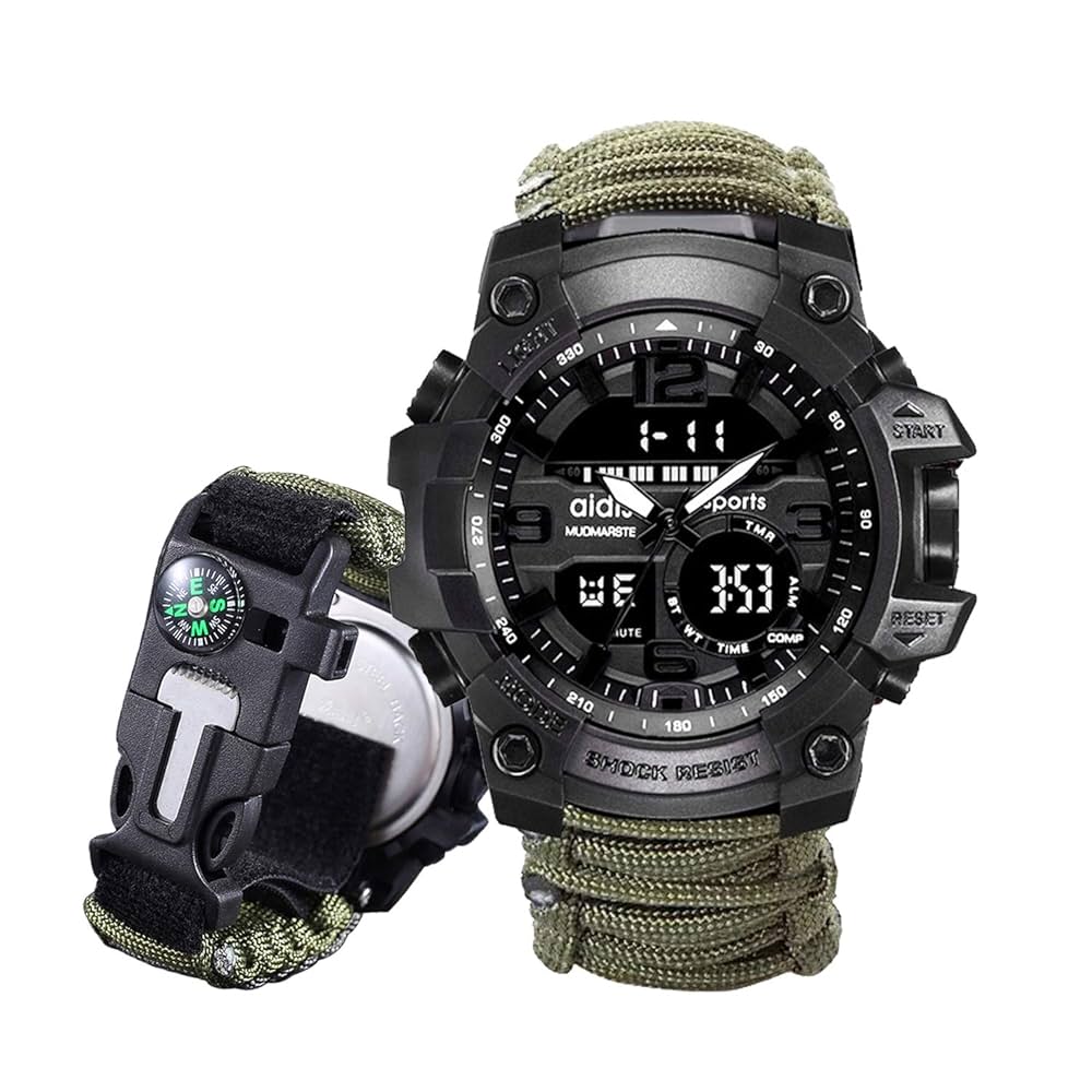 tactical gear watch 23-in-1 Survival Military Digital Watch, Mens Tactical Multi-Functional and Adjustable Wristband Outdoors Waterproof Sports Dual Dial Watches with Compass Paracord Band