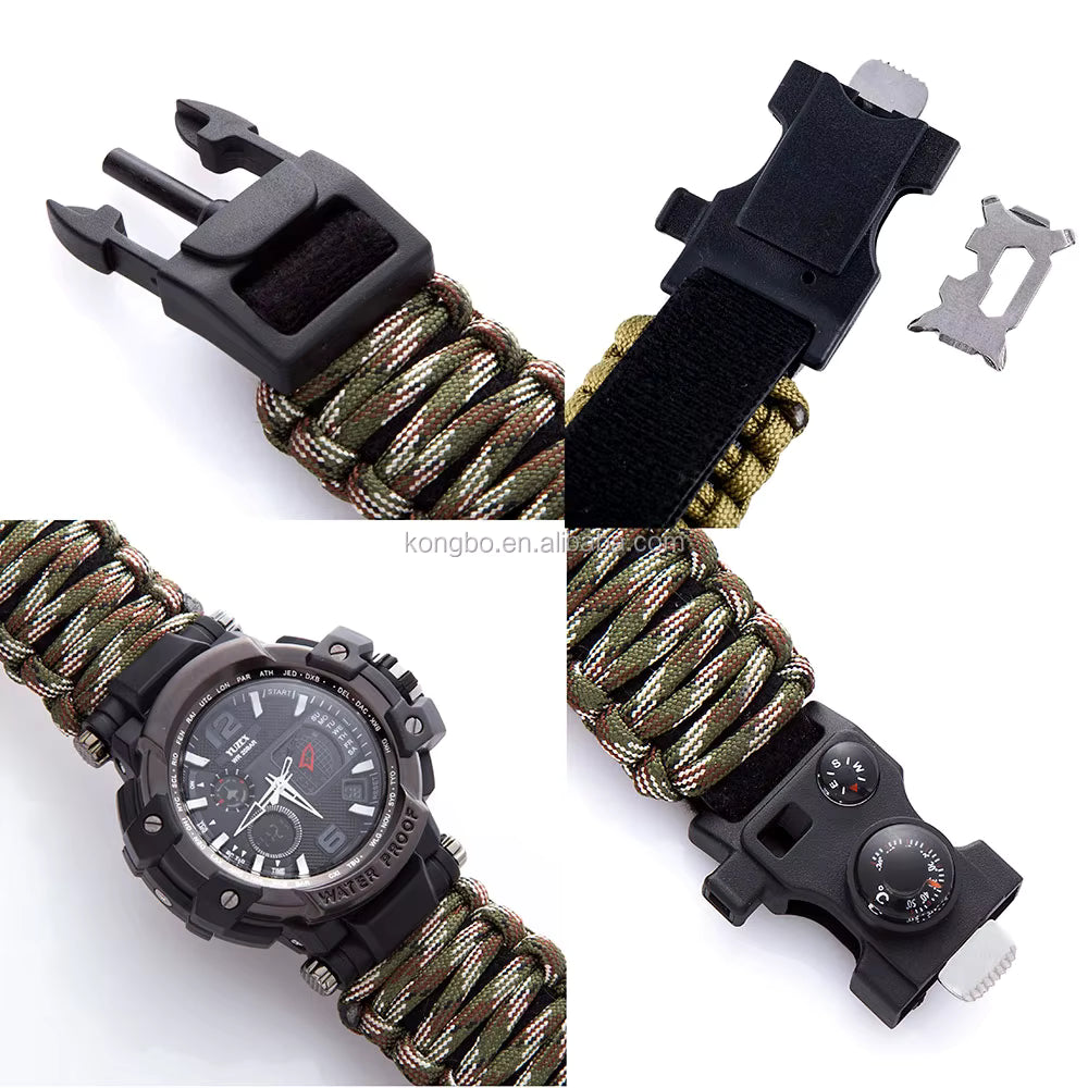 tactical gear watch 23-in-1 Survival Military Digital Watch, Mens Tactical Multi-Functional and Adjustable Wristband Outdoors Waterproof Sports Dual Dial Watches with Compass Paracord Band