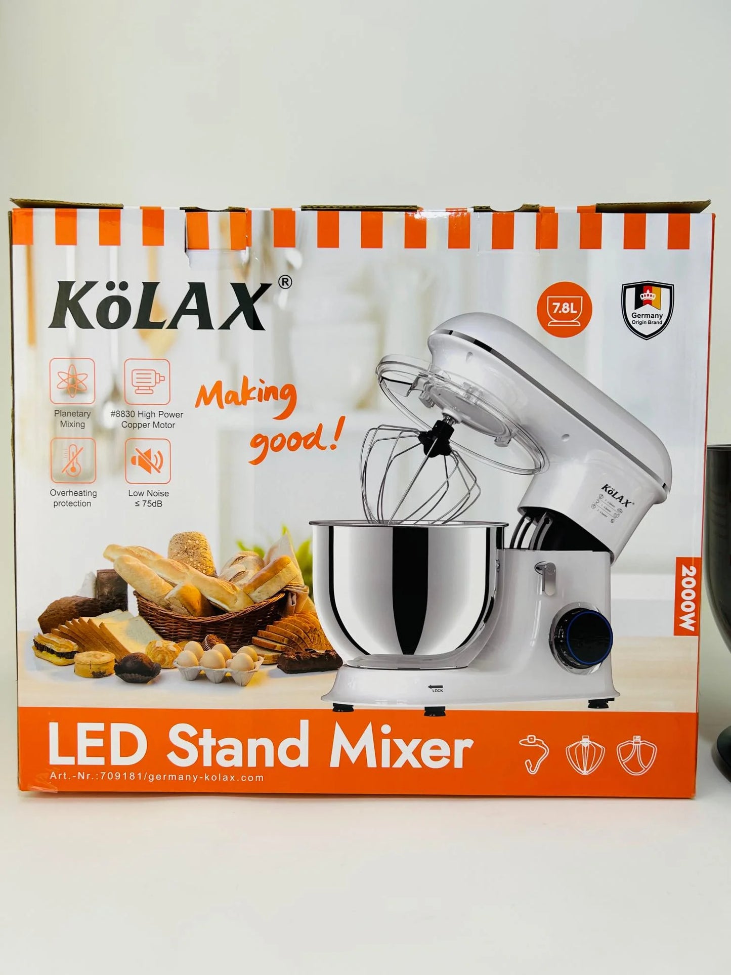 Kolax Stand Mixer 7.8L Capacity | Kitchen Electric Mixer with Dough Hook, Wire Whip & Beater