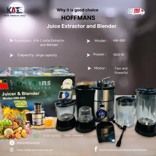 Hoffmans HM-680 Juicer and Blender | 4 in 1 Juice Extractor and Blender - khan American Tools