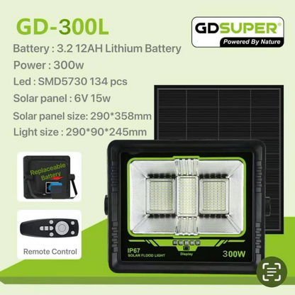 LED Waterproof Solar Floodlight 300W 7500K with Remote Control 290*90*245mm