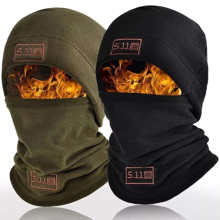 Olive green and black 5.11 tactical fleece balaclavas with flame graphics