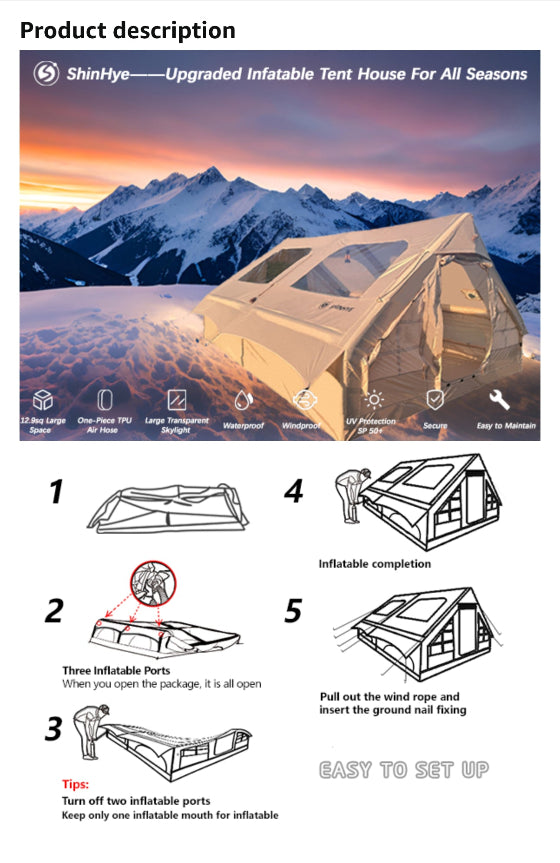 Portable Inflatable Air Tent for Camping Large Blow Up Tent 14-16 Person House 4 Season Air with Pump Easy Set up Waterproof Outdoor Oxford - khan American Tools