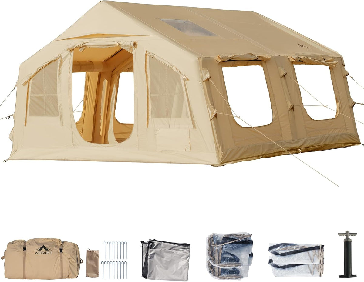 WILDBEAR.US 16 Person Air camp Large Inflatable Tents for Camping, Canvas Blow up Tent for Adult 16 Person, Easy Setup Inflatable Dome House Glamping Tents with Pump, 2 Room, Waterproof Hot Tent with Stove Jack