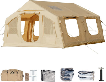 WILDBEAR.US 16 Person Air camp Large Inflatable Tents for Camping, Canvas Blow up Tent for Adult 16 Person, Easy Setup Inflatable Dome House Glamping Tents with Pump, 2 Room, Waterproof Hot Tent with Stove Jack