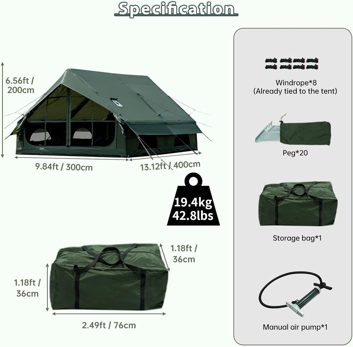 Air Inflatable Camping Tent with Hand Pump Easy Setup Outdoor Blow up Tent 16 Person Oxford 4 Season Glamping Air Tents Cabin House with Mesh Windows & Door