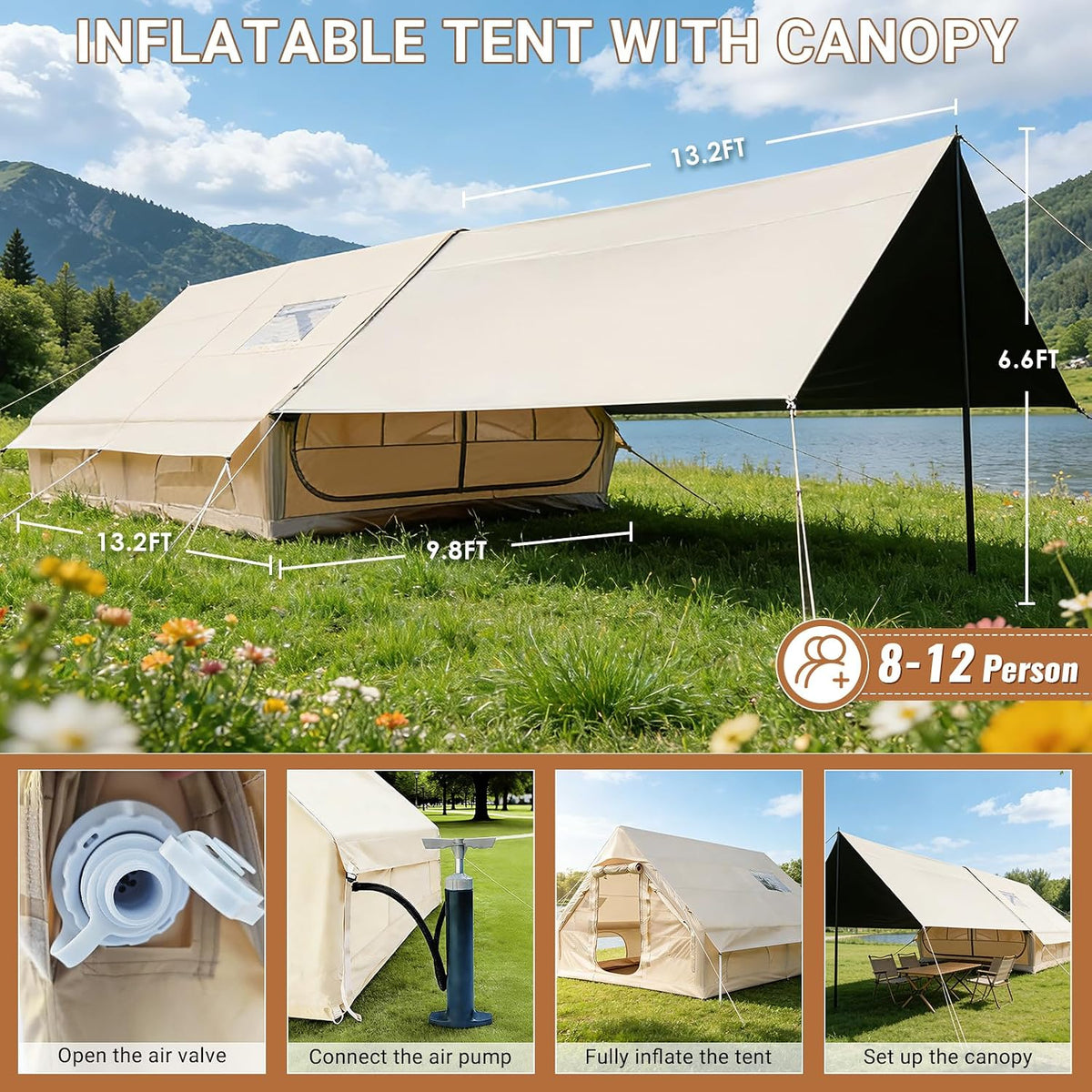 WILDBEAr.US Air Camp Inflatable Tents for Camping, Easy Setup Inflatable Tent with Canopy, Large Glamping Tent with Pump,Waterproof Oxford 4 Season Air Tent with Skylight Mesh Windows for 16 Person Weight 24 KG