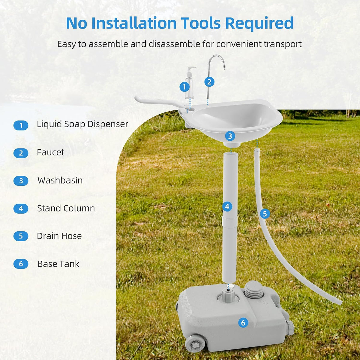 Portable Sink Camping Hand Washing Station, 20L Wash Basin Stand with Rolling Wheels, Soap Dispenser, Towel Holder, Handle for Garden, Outdoor, Travel, Boat, Gathering, Worksite
