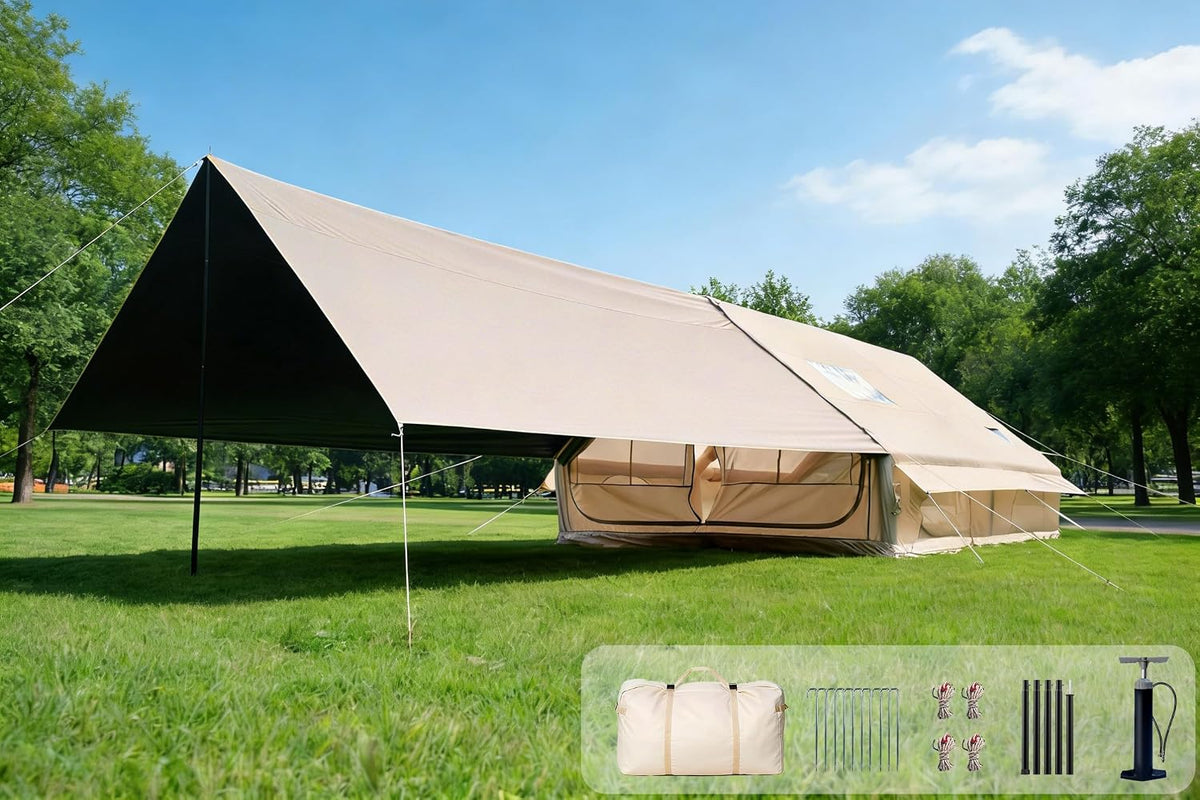WILDBEAr.US Air Camp Inflatable Tents for Camping, Easy Setup Inflatable Tent with Canopy, Large Glamping Tent with Pump,Waterproof Oxford 4 Season Air Tent with Skylight Mesh Windows for 16 Person Weight 24 KG