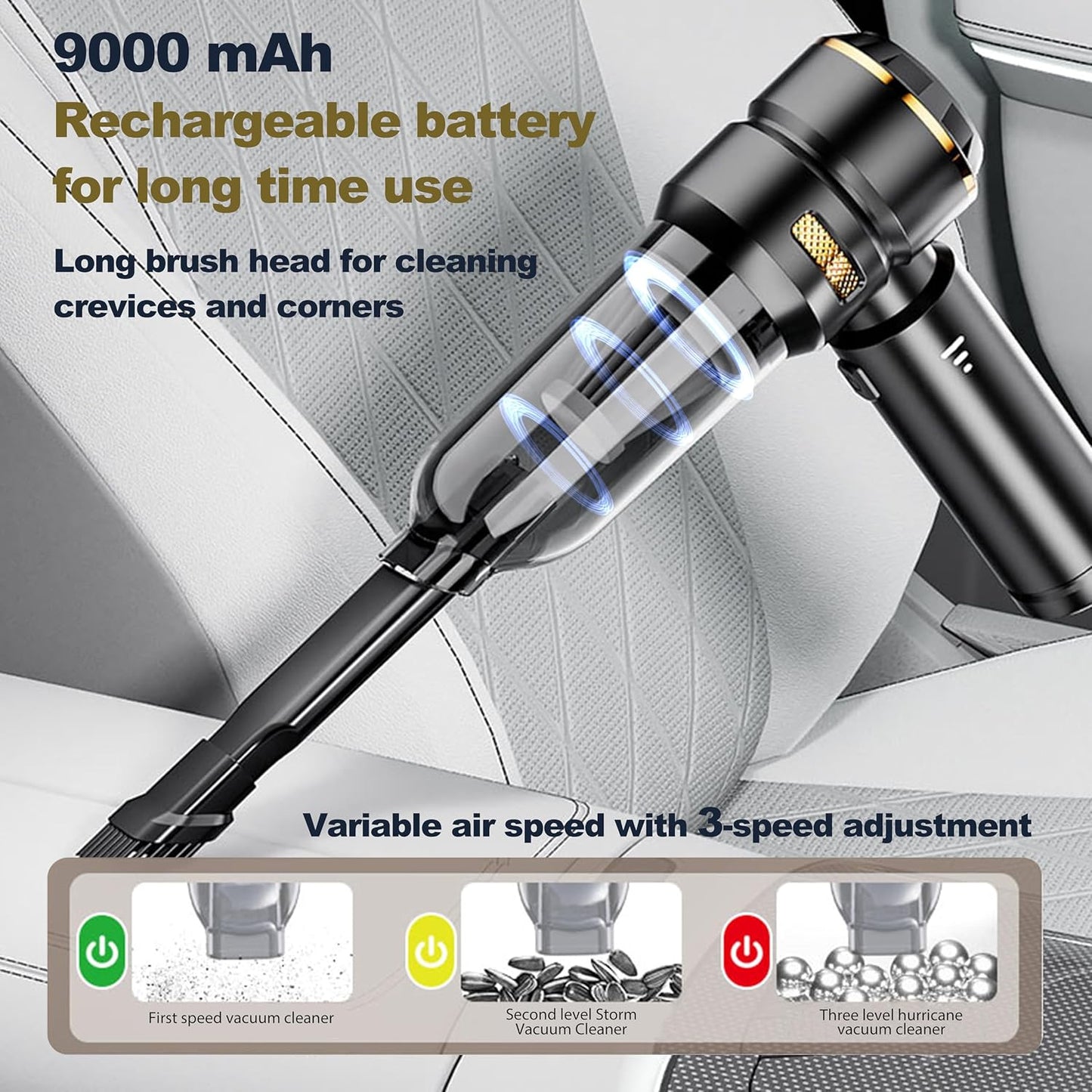 4-in-1 handheld vacuum cleaner, 9000mAH,USB Rechargeable, 21,000Pa Ultra Suction Power for Quickly Cleaning Car Interiors, Household Crevices