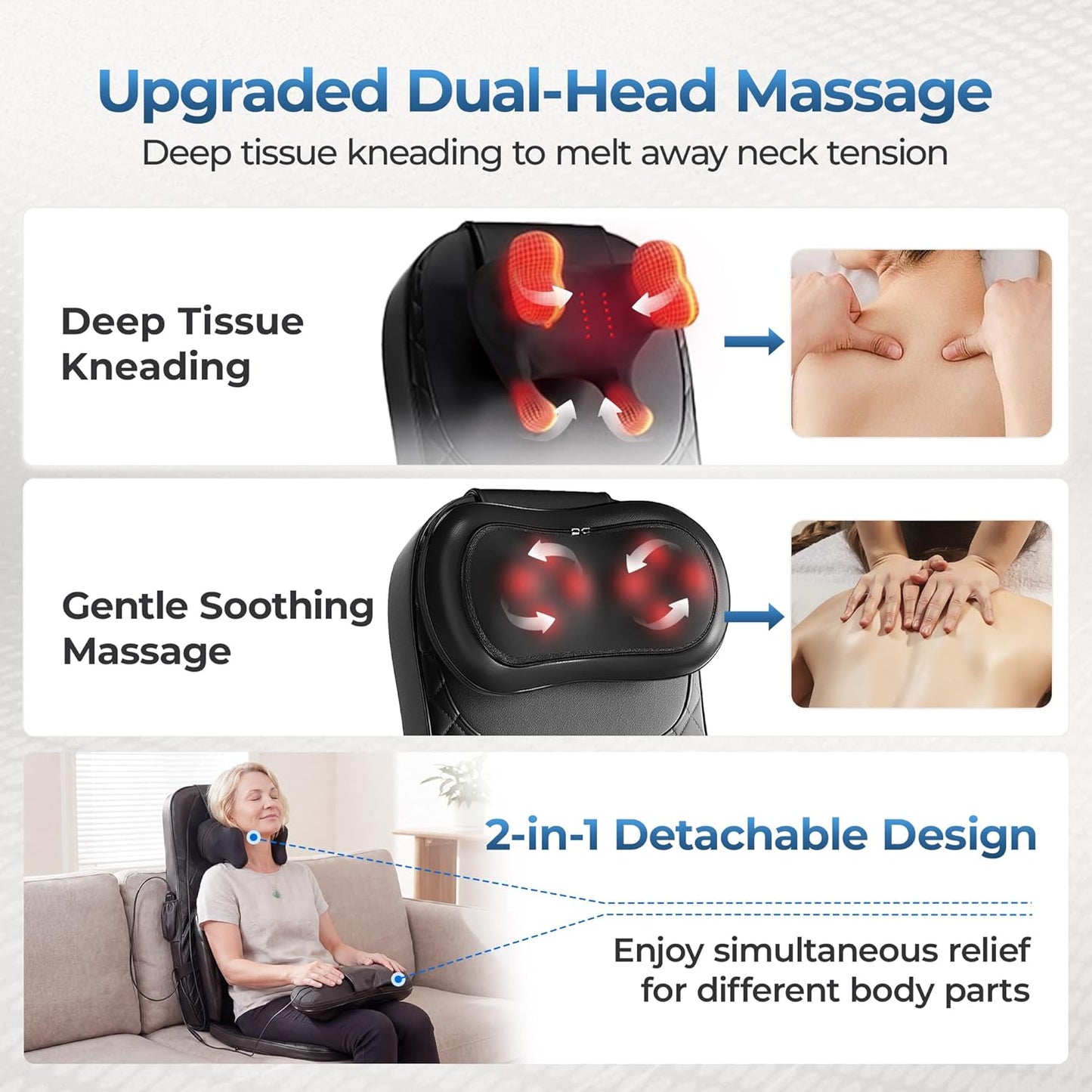 Massage Chair Pad, 3-in-1 Shiatsu Neck and Back Massager Cushion with Heat, Adjustable Height & Intensity, Full Body Massage Pad for Recliner and Sofa