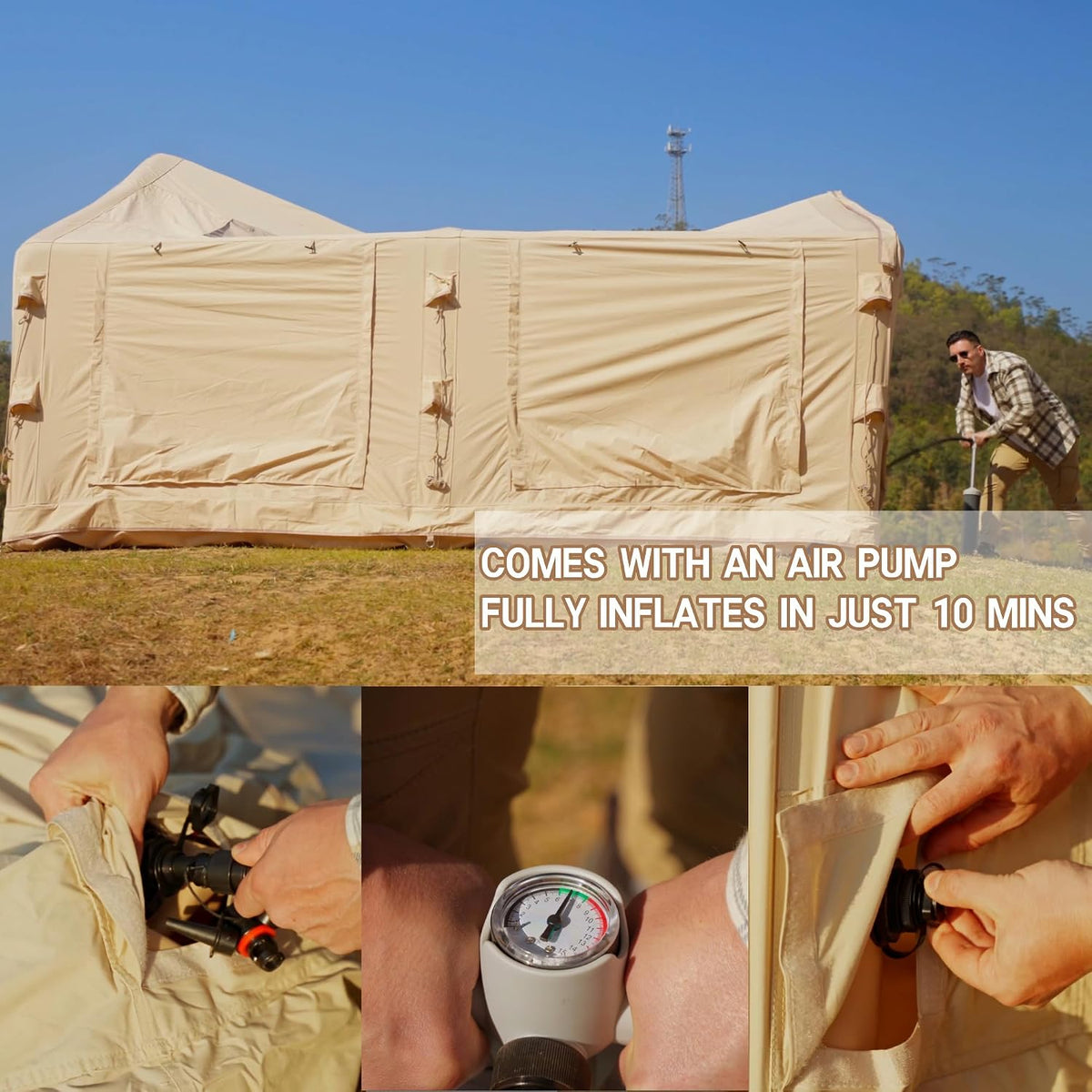 WILDBEAR.US 16 Person Air camp Large Inflatable Tents for Camping, Canvas Blow up Tent for Adult 16 Person, Easy Setup Inflatable Dome House Glamping Tents with Pump, 2 Room, Waterproof Hot Tent with Stove Jack
