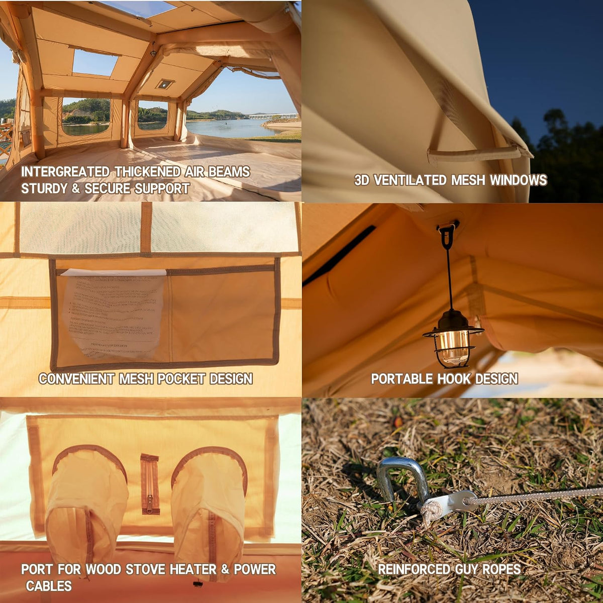 WILDBEAR.US 16 Person Air camp Large Inflatable Tents for Camping, Canvas Blow up Tent for Adult 16 Person, Easy Setup Inflatable Dome House Glamping Tents with Pump, 2 Room, Waterproof Hot Tent with Stove Jack
