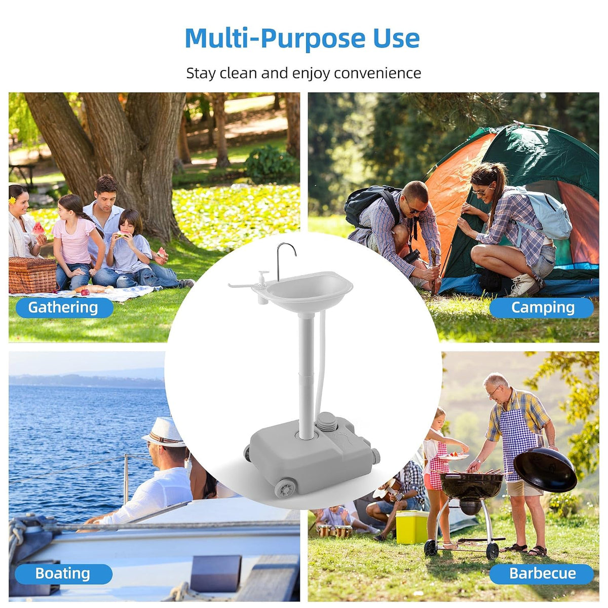 Portable Sink Camping Hand Washing Station, 20L Wash Basin Stand with Rolling Wheels, Soap Dispenser, Towel Holder, Handle for Garden, Outdoor, Travel, Boat, Gathering, Worksite