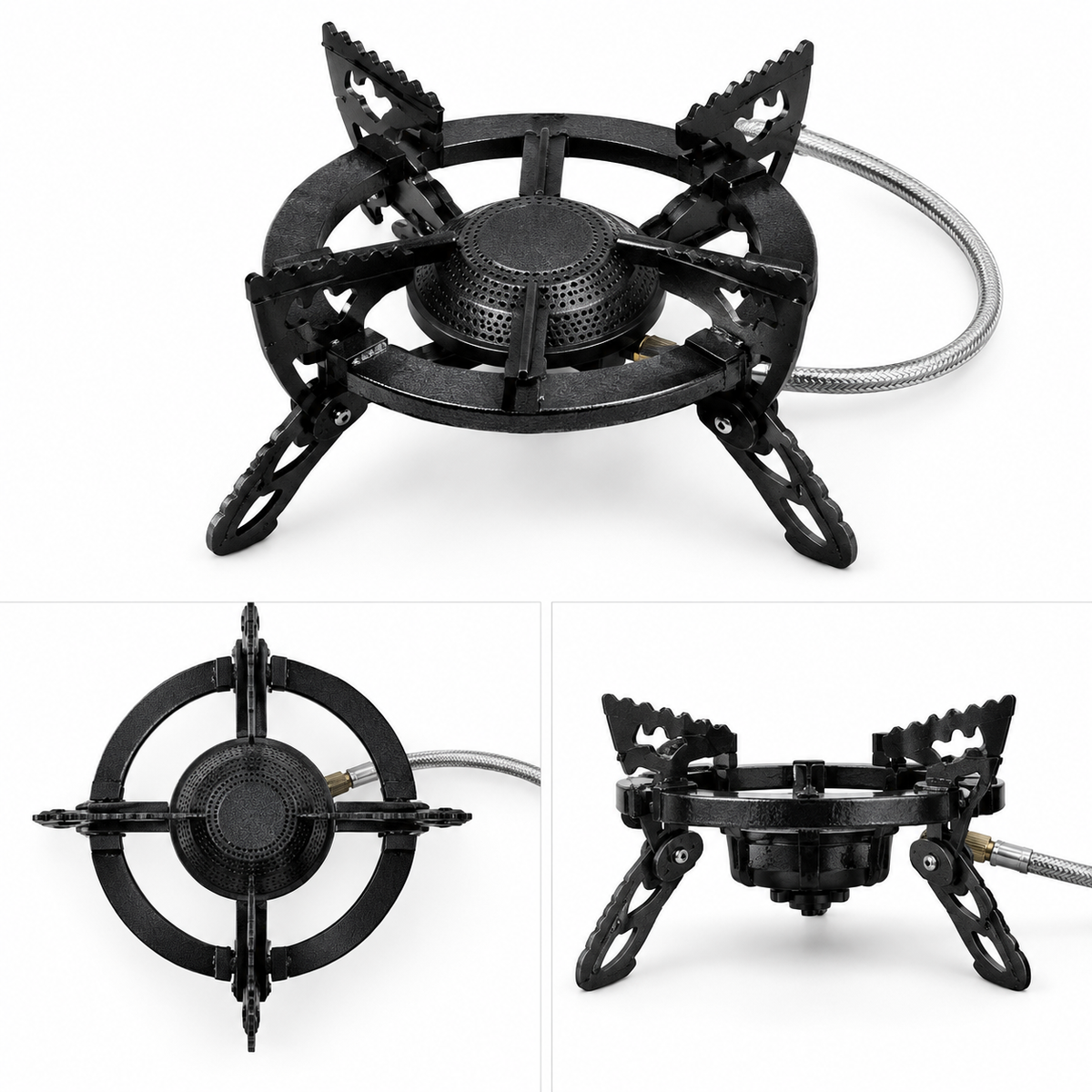 Heavy-Duty Portable Camping Gas Stove with Foldable Pot Supports & Flexible Gas Hose