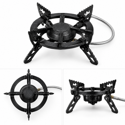 Heavy-Duty Portable Camping Gas Stove with Foldable Pot Supports & Flexible Gas Hose