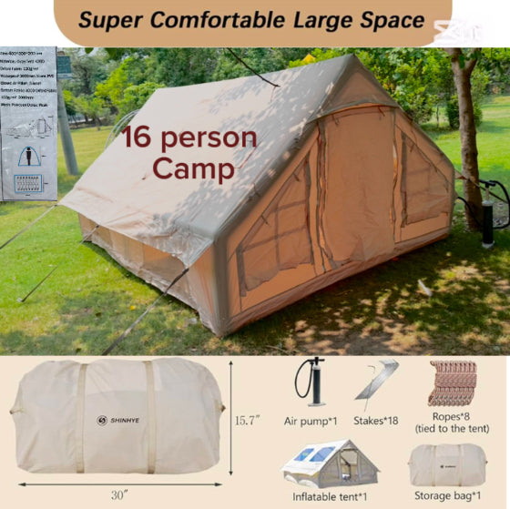Portable Inflatable Air Tent for Camping Large Blow Up Tent 14-16 Person House 4 Season Air with Pump Easy Set up Waterproof Outdoor Oxford - khan American Tools