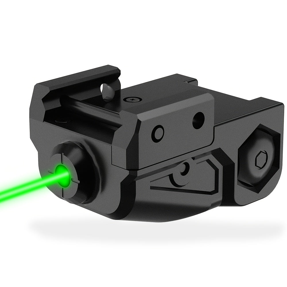 Black laser pointer with green laser beam on a white background