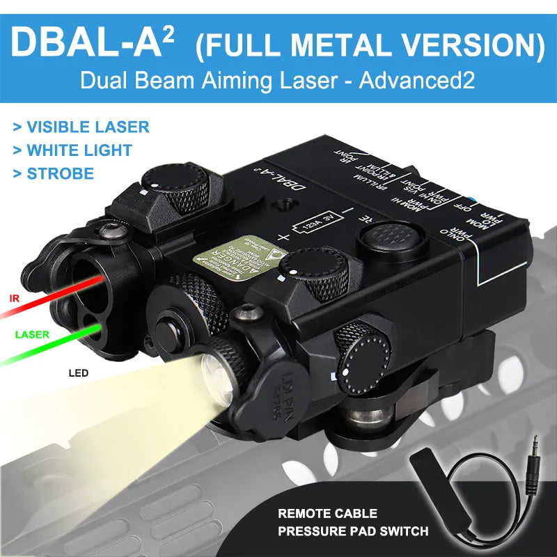 DBAL-A2 dual beam aiming laser with visible laser, white light, and strobe features on a reflective surface.