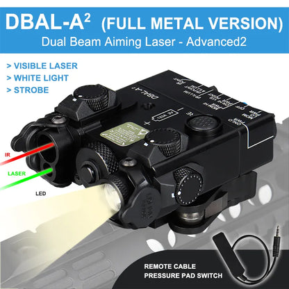 DBAL-A2 dual beam aiming laser with visible laser, white light, and strobe features on a reflective surface.