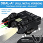 DBAL-A2 dual beam aiming laser with visible laser, white light, and strobe features on a reflective surface.