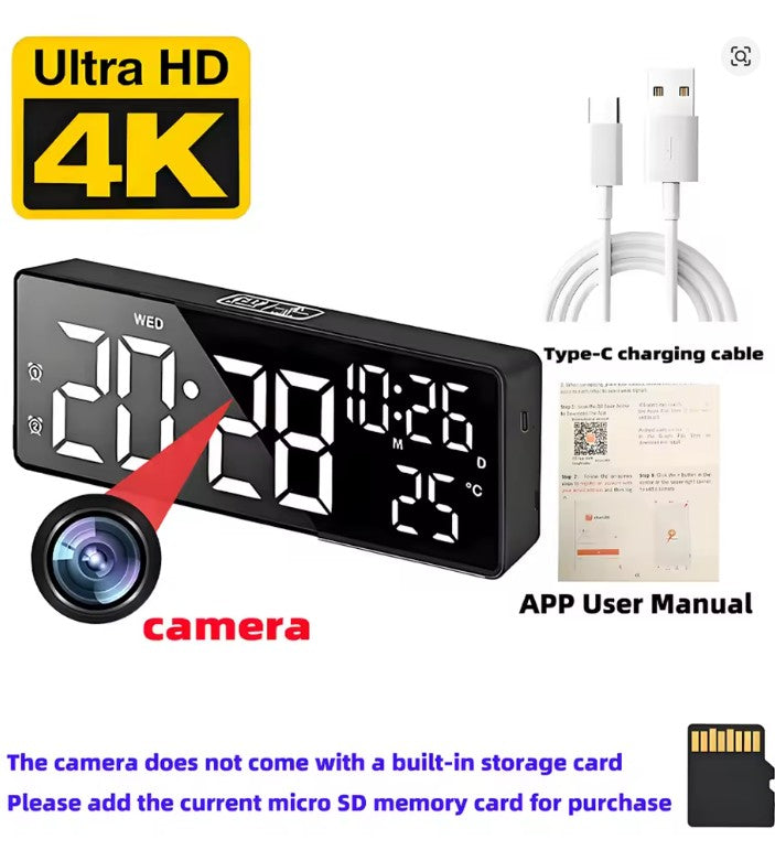 Mini 4K HD camera, supports remote viewing, motion detection, digital lights can be turned off, ringing alarm clock camera
