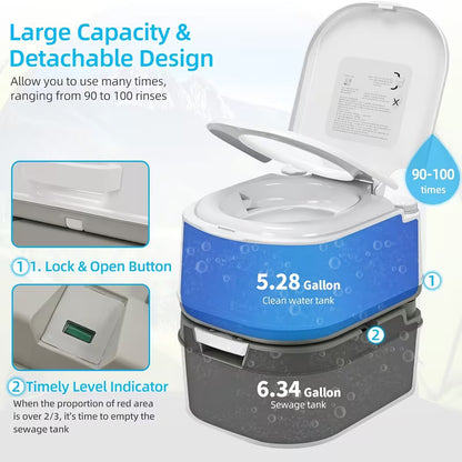 24 Liters Portable Camping Toilet Outdoor Flush Toilet Heavy Duty Locking Tank Removable Design with Lid Sewage Indicator Flush Nozzle Portable Travel Toilet Ideal for Hiking Trips And Boats Easy to Clean Compact Design for Rv'S Emergencies