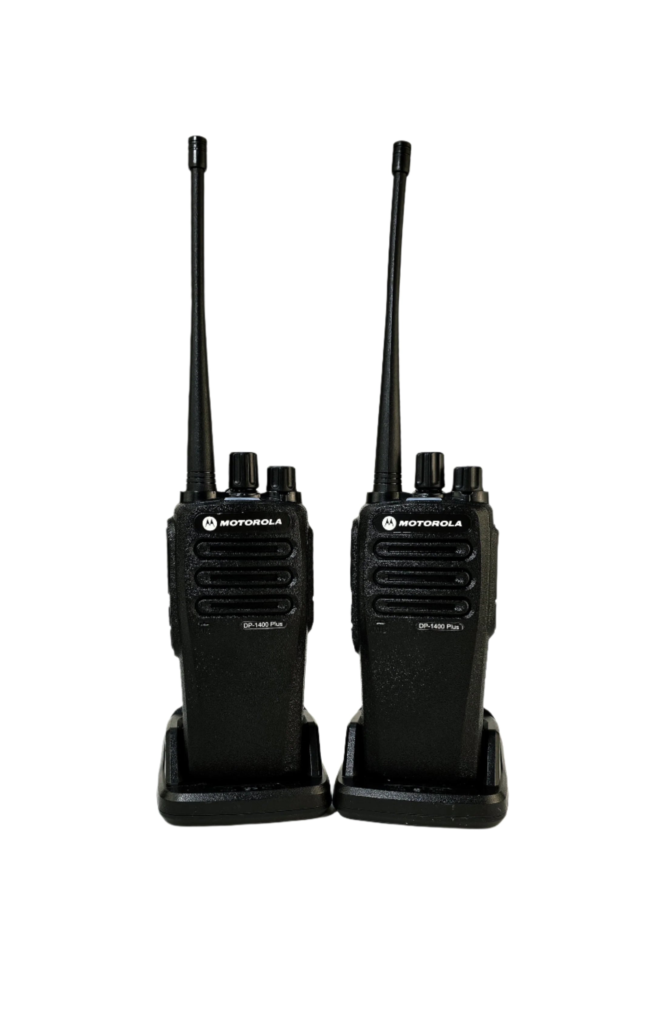 Motorola DP-1400 Plus UHF walkie talkie with black rugged design and 16-channel selector knob
