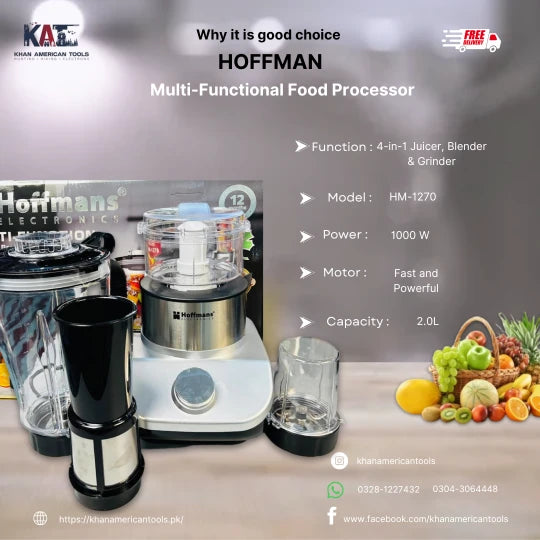 Hoffman HM-1270 Multi Functional Food Processor | 4 in 1 Juicer Blender & Grinder