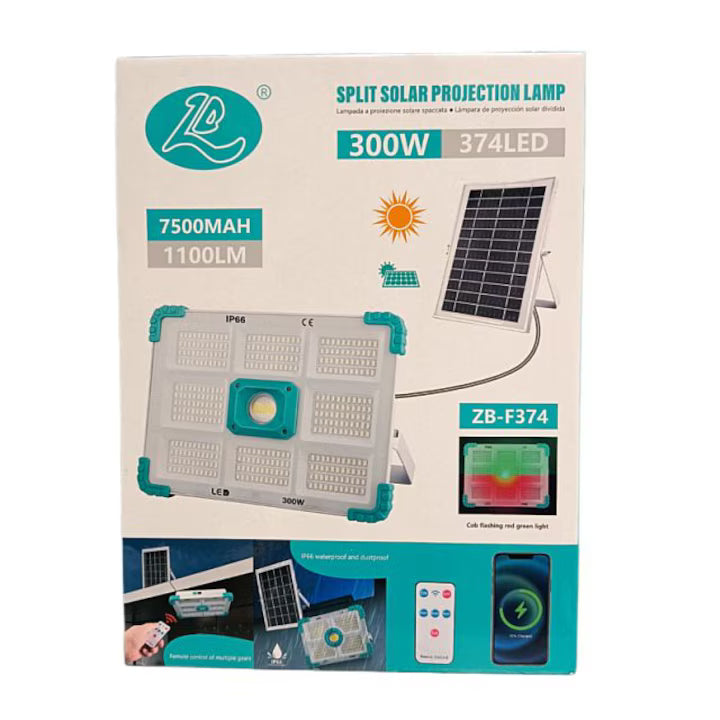 Solar-powered LED floodlight, 300w, 374 LEDs, 7500mah, 1100lm