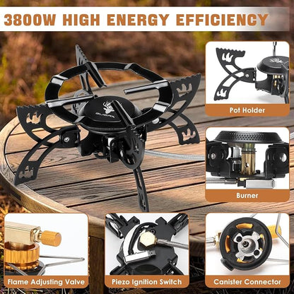 Heavy-Duty Portable Camping Gas Stove with Foldable Pot Supports & Flexible Gas Hose